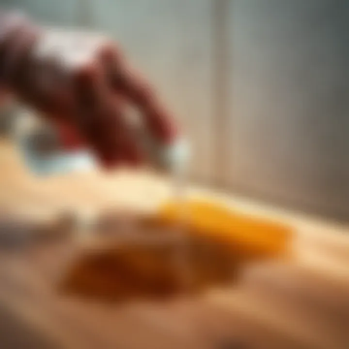 Hand applying a cleaning solution to an oil stain