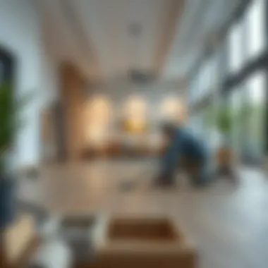 Professional installation of flooring in a spacious interior