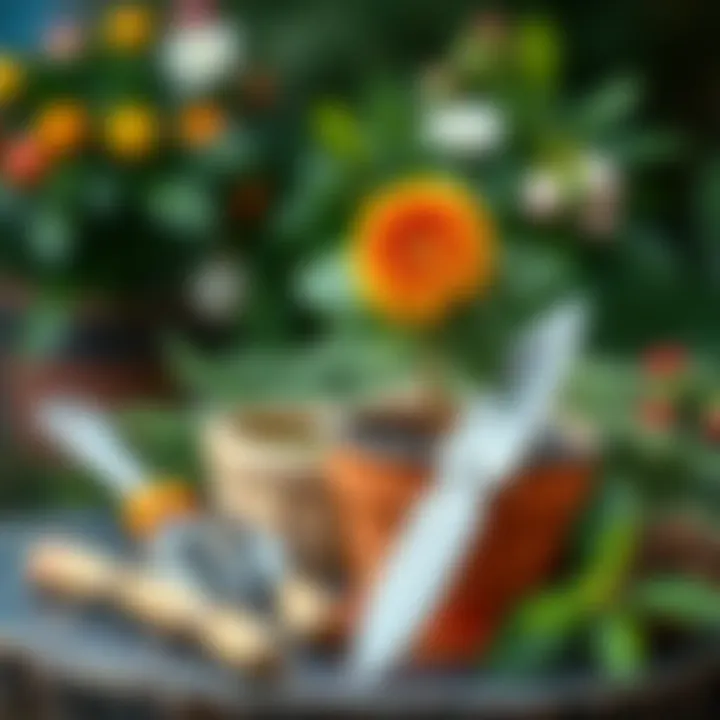 Gardening tools with a potted Christmas flower