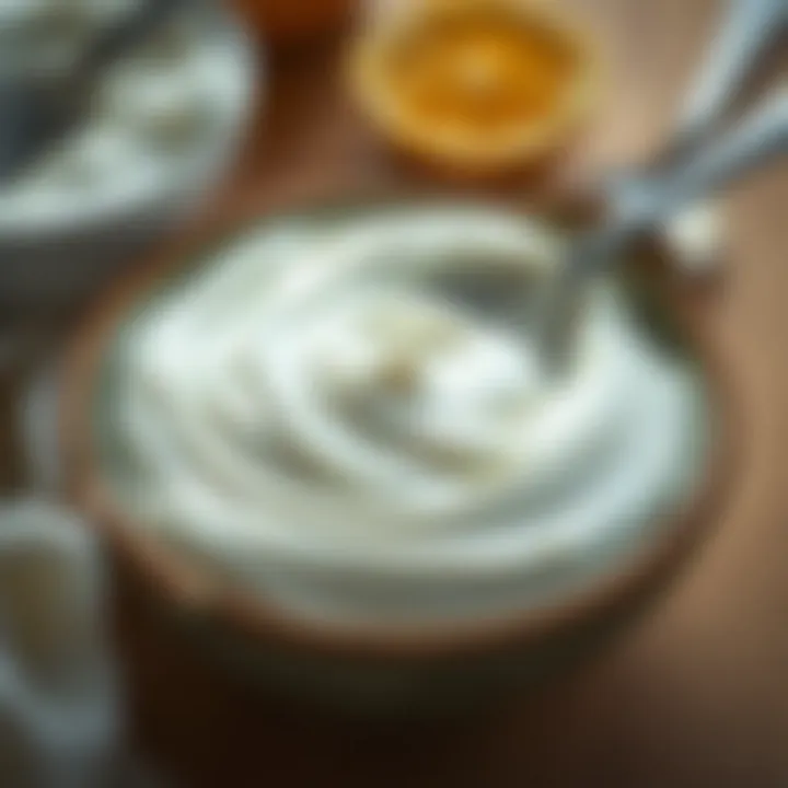 A close-up view of creamy yogurt in a bowl with a spoon