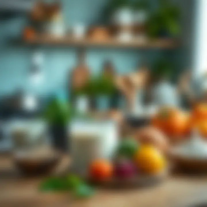 An organized kitchen countertop with ingredients for yogurt fermentation