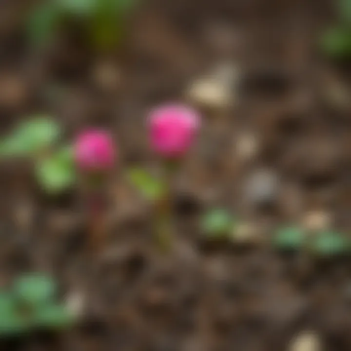 Young rose seedlings emerging from the soil