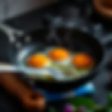 A frying pan with eggs sizzling, illustrating frying technique