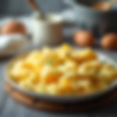 Scrambled eggs on a plate, highlighting a fluffy texture